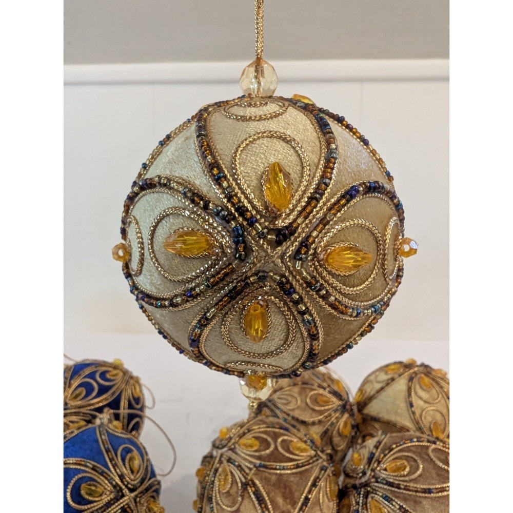 Lot 9 Blue Gold Velvet PUSH PIN Christmas Ornaments Beaded Trim MCM Vintage - Picture 10 of 16
